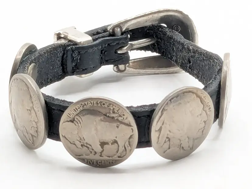 Vintage Sterling Silver Buffalo Nickel Italian Leather Bracelet