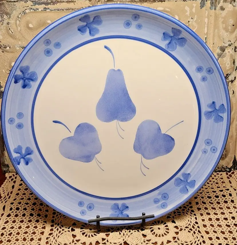Vintage Large 13" Round  Apple Pear Blue White Serving Platter Made in Italy