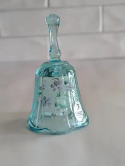 Vintage Fenton Art Glass Hand Painted Aqua Green 4.25 Inch Bell Artist Signed