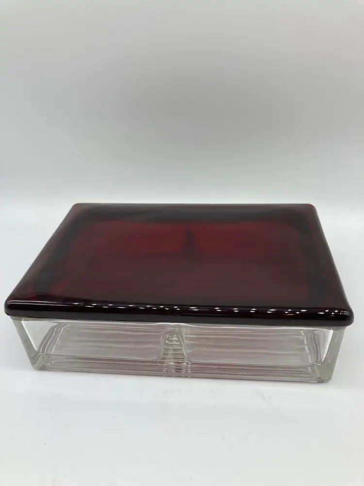 Vintage Ribbed Glass Playing Card Holder, Ruby Red Glass Lid, Holds 2 decks