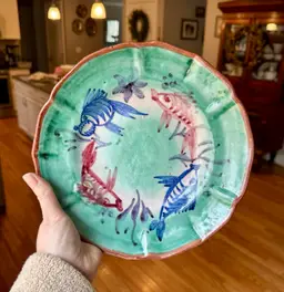 Vintage Handmade Teal Ceramic Fish Plate