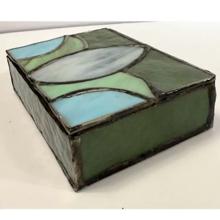 Vtg Handmade Stained-Glass Green, Blue & White Slag Lidded Trinket/Jewlery Box