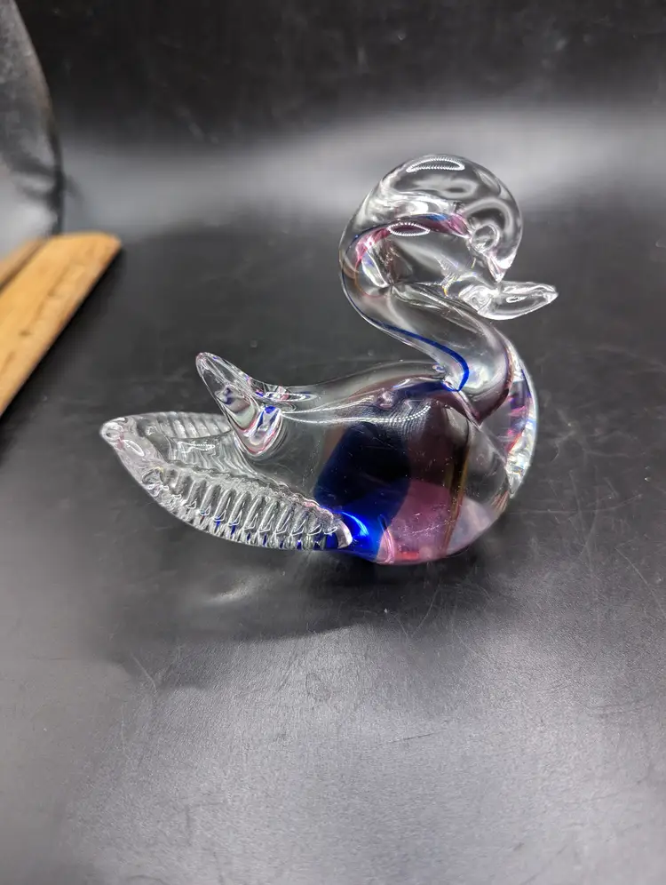 Vintage SWAN Bird Clear Glass Art Deco Blue and Pink Infusion Figurine Paperweight