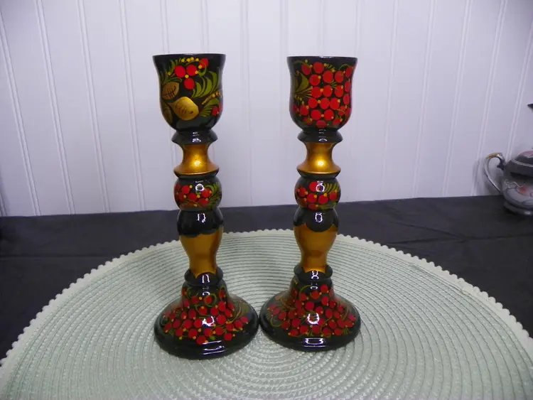 Khokhloma Russian Folk Art Wooden Candlesticks