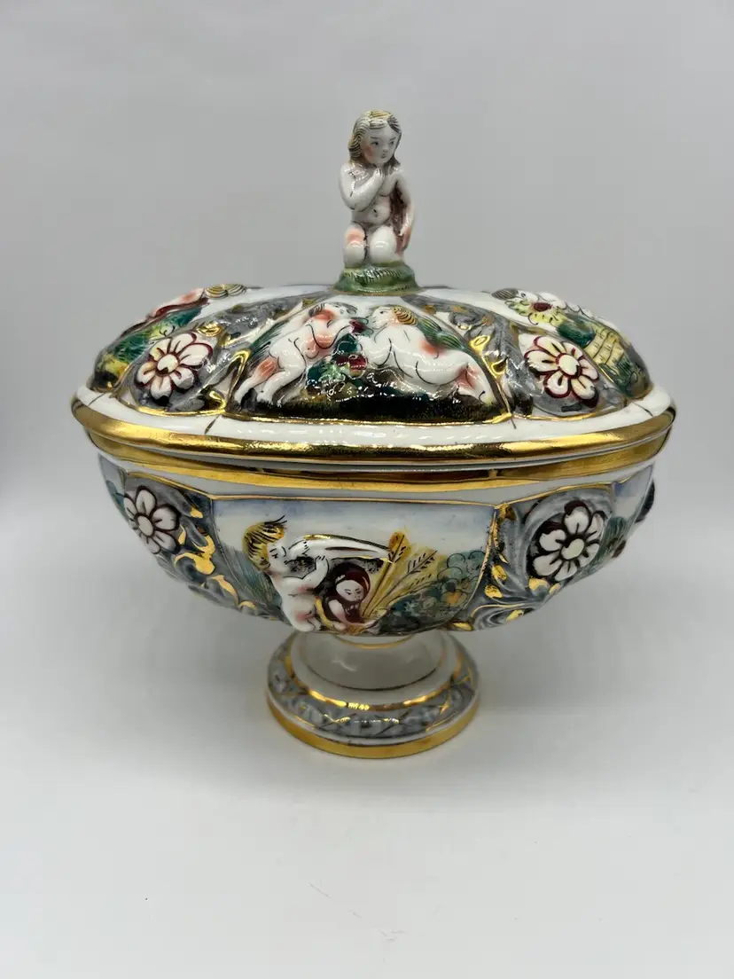 Vintage Italian Capodimonte Cherub Hand Painted Lidded Oval Serving Dish Signed