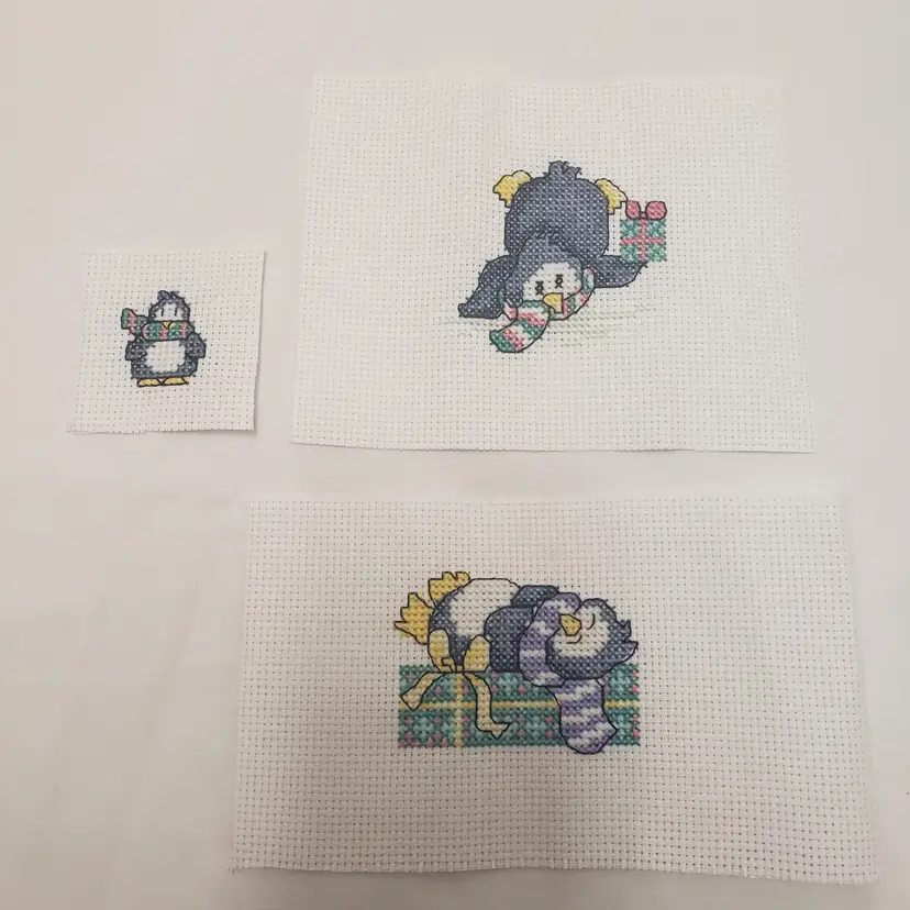 New 3 Pc Lot Cross-stitched Penguins + Gift Themed Ready For Framing Or Adding To Crafts