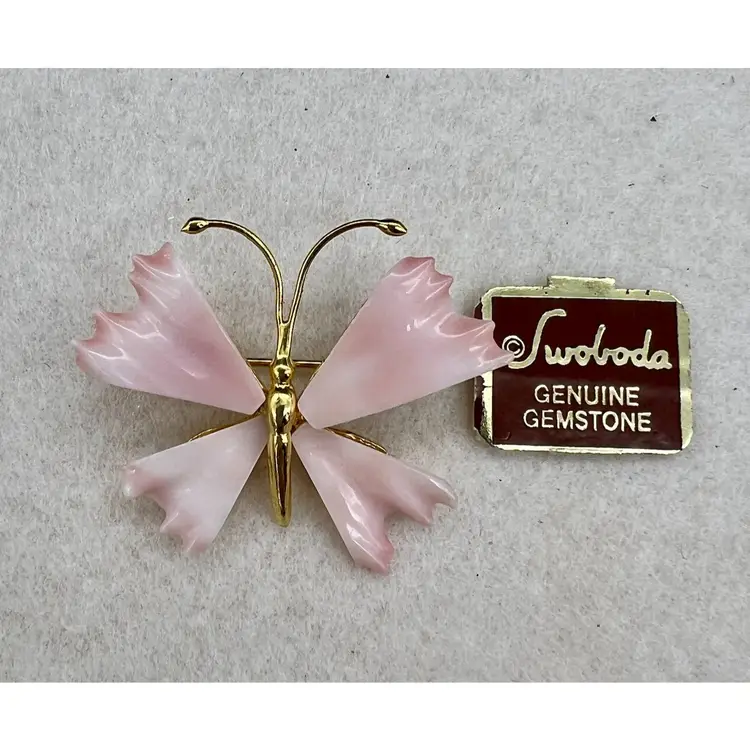 Vintage Estate SWOBODA Carved Angel Skin Coral Butterfly Brooch. New With Tag