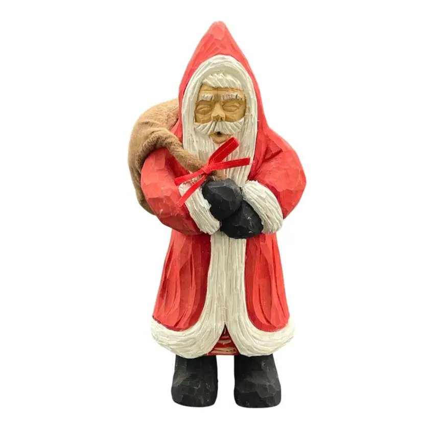 Hand Carved Wooden Santa with Sack Folk Art Primitive Christmas Vintage Holiday
