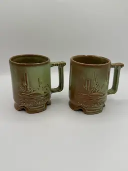 Vintage Frankoma Roadrunner Pottery Mugs - Prairie Green -Set Of Two