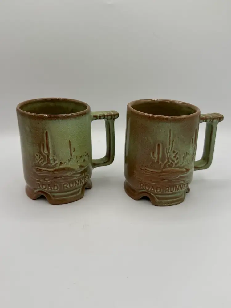 Vintage Frankoma Roadrunner Pottery Mugs - Prairie Green -Set Of Two