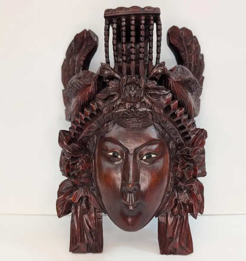 Vintage Intricate Hand Carved Rosewood Asian Goddess Female Face Birds Headdress