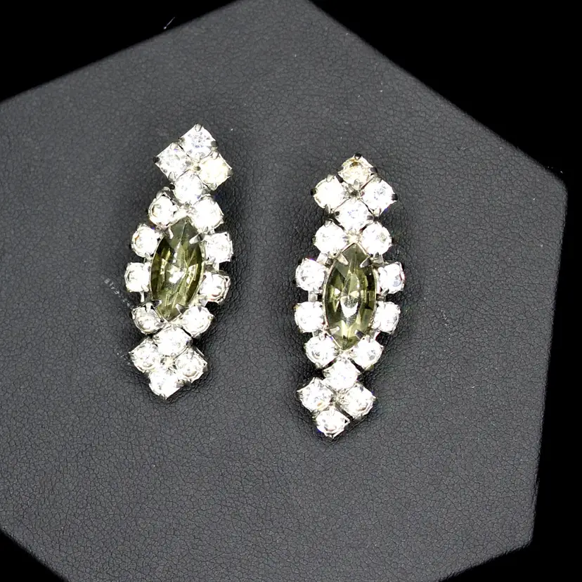 Vintage Rhinestone Earrings Clip on Art Deco Style Marquis Navette Rhinestones