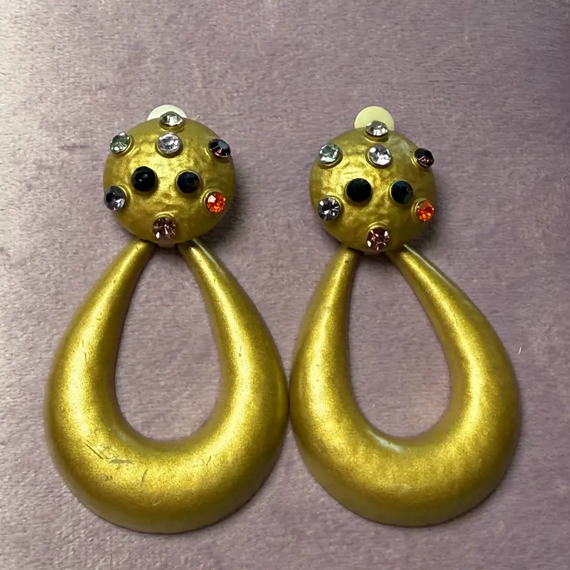 Zara Gold Tone Tear Drop Door Knocker Clip Earrings Rhinestone Dome Big & Bold