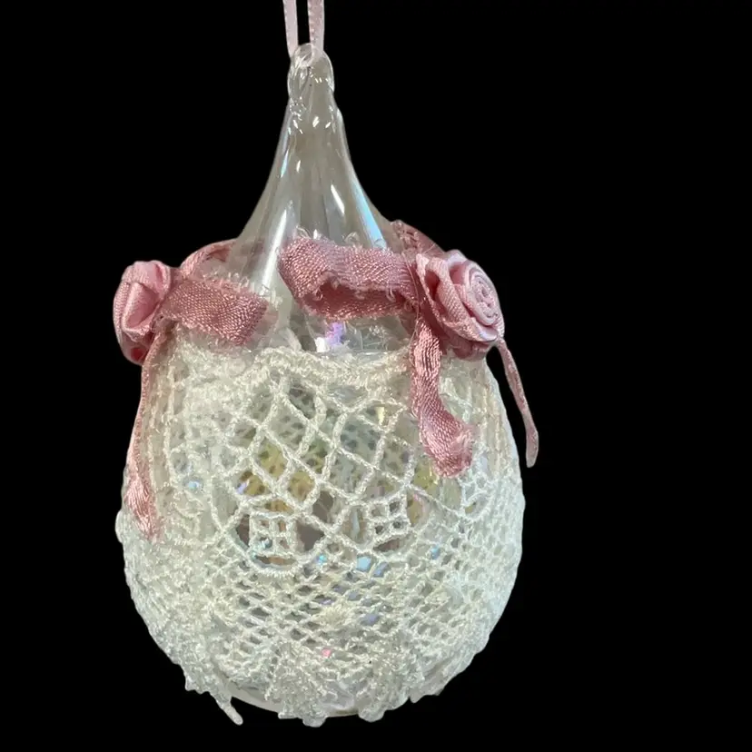 Hand blown Glass Lace Wrapped Ornament 3.5” X 2.5” Vintage Lace Glass Ornament with Pink Accents