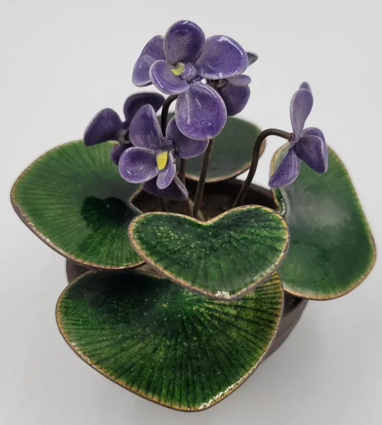 Bovano Of Cheshire Enamel On Copper Purple Violets Flower Pot Sculpture