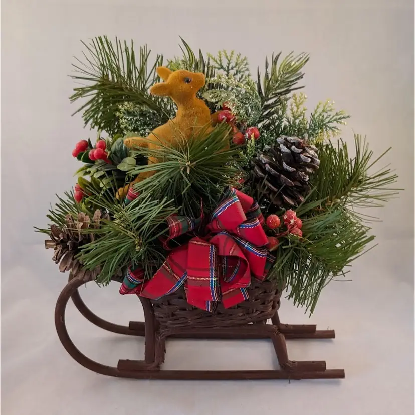 Vintage Dark Wicker Christmas Sleigh with Flocked Reindeer & Holiday Greenery