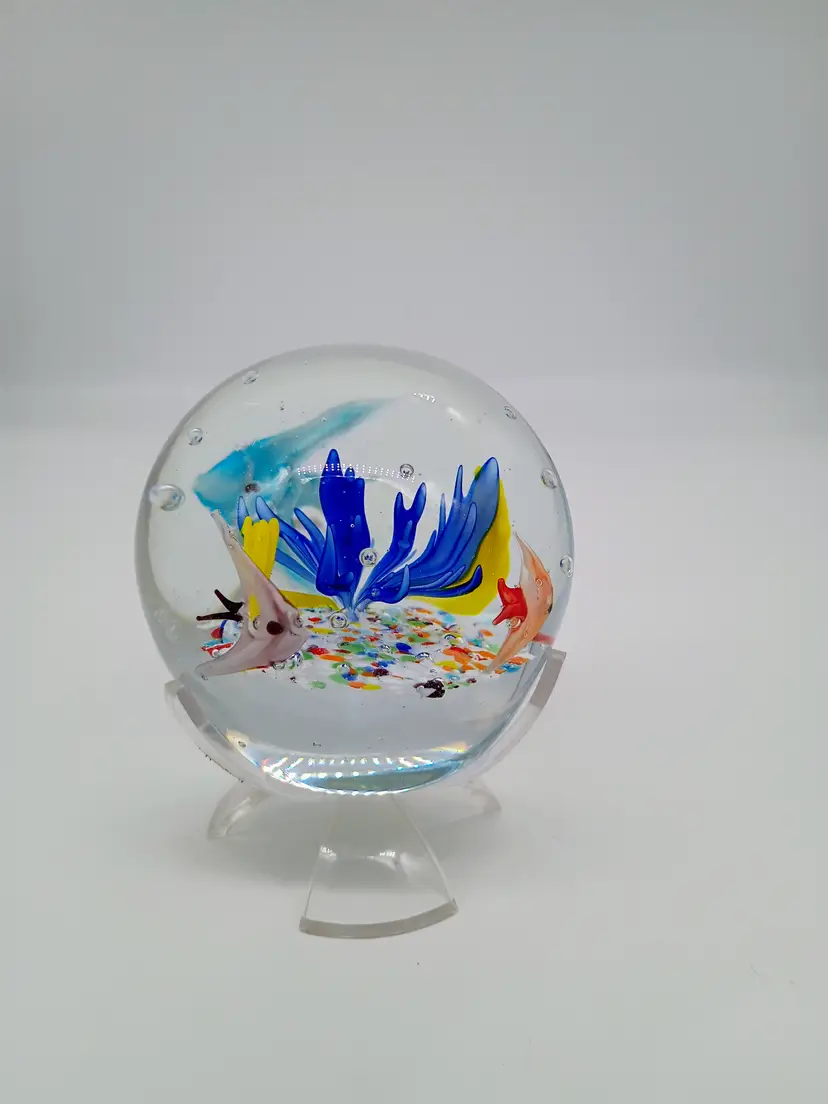 Hand Blown Art Glass Paperweight Coral & Angel Fish Aquarium Glass 3 in diameter