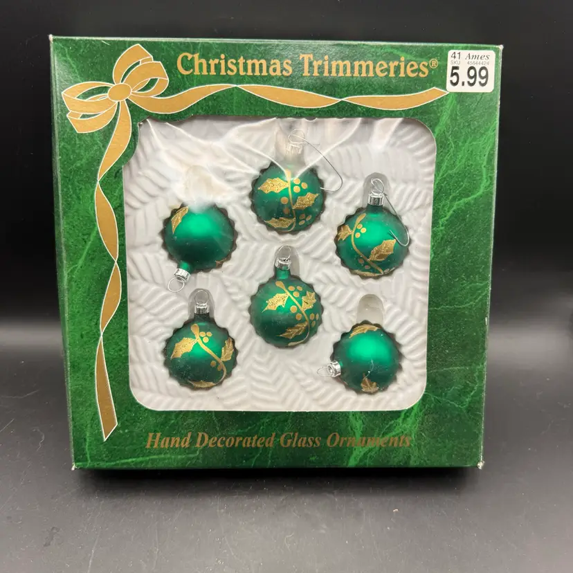 Vintage Christmas Trimmers Hand-Decorated Green And Gold Ornaments