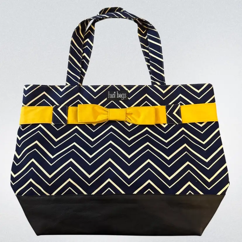 Large Lucy Bags Chevron Pattern Nautical Navy Blue Yellow Bow Tote Travel Bag