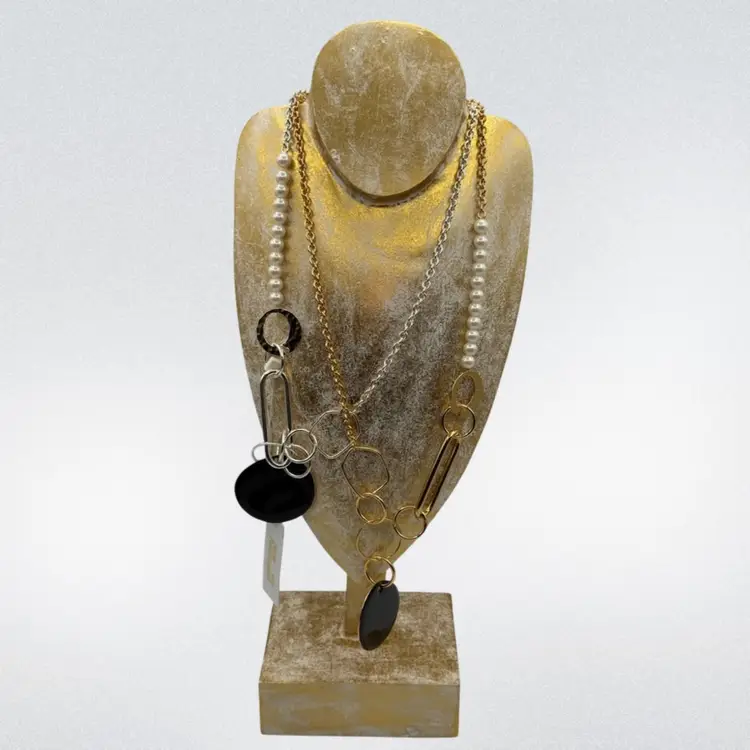 Diane von Furstenberg Mixed Metal Faux Pearl Statement Black Enamel Disc Chunky Necklace, NWT