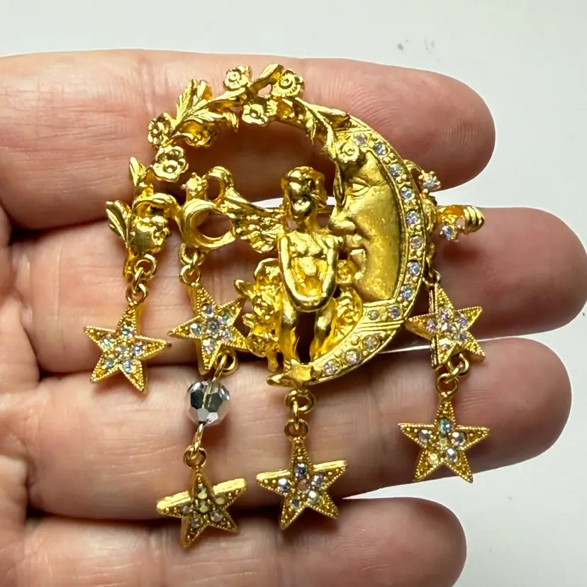 Kirks Folly Celestial Brooch Cherub Angel Crescent Moon Star AB Dangles Pin Gold
