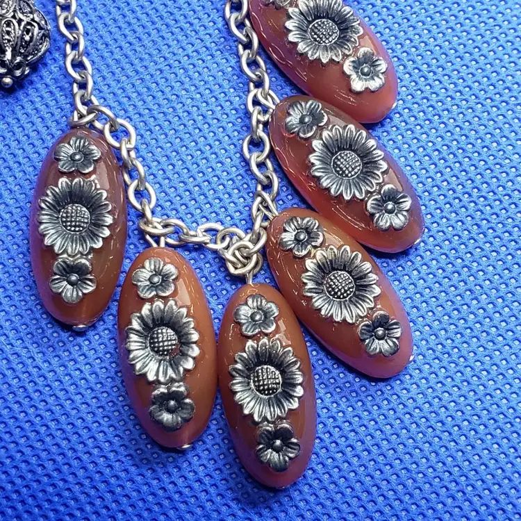 1940s Necklace and Earring Set, Amber Glass Beads, Sunflowers, Floral, Retro Boho Vibe