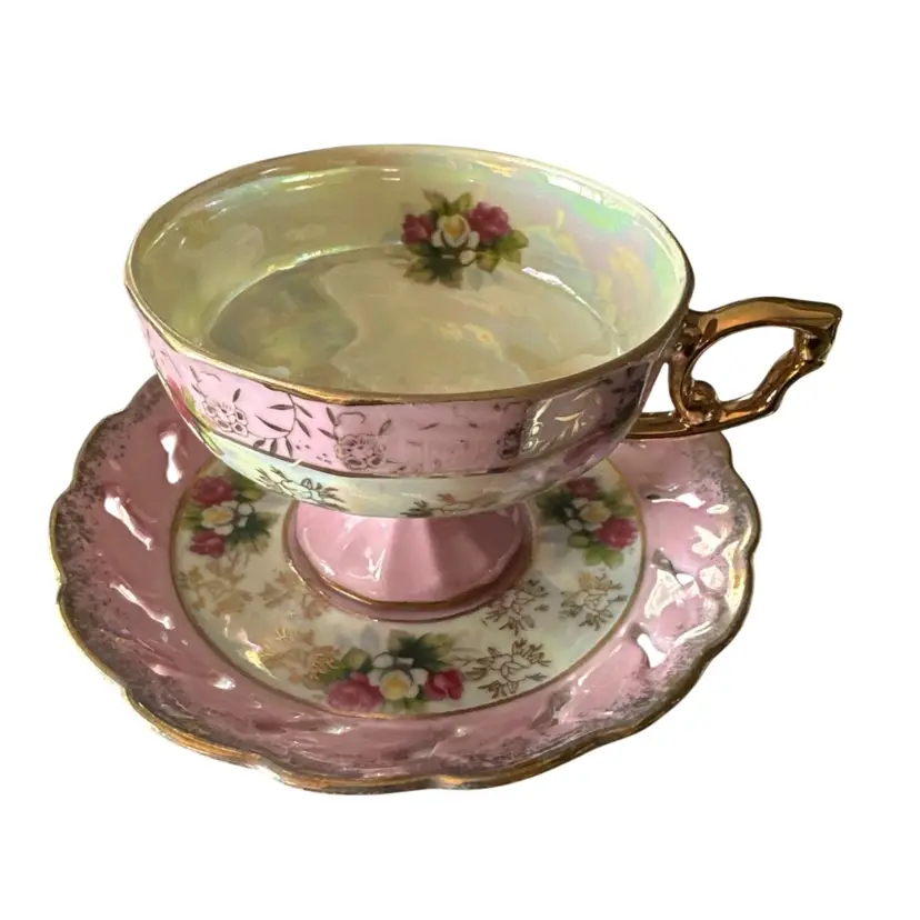 Footed TEA CUP & SAUCER Iridescent Gold Trim Pink Flowers Japan Vintage #3007