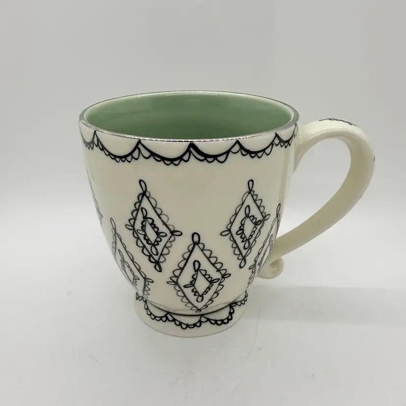 Vintage Starbucks Barista 2002 Coffee Mug White Black Lace Diamonds Green Inside