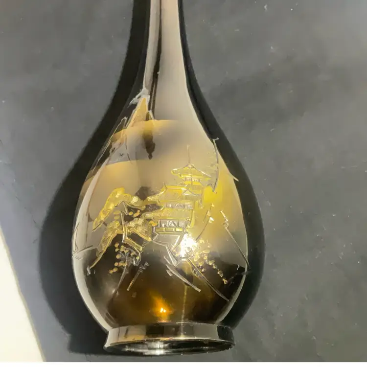 Vintage Japan Enameled Brass Vase With Etched Gold Village