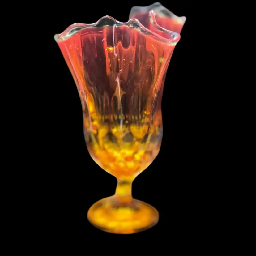 Fenton Amberina Vase Handkerchief Ruffle Swung Thumbprint 8 1/4 Inches Tall