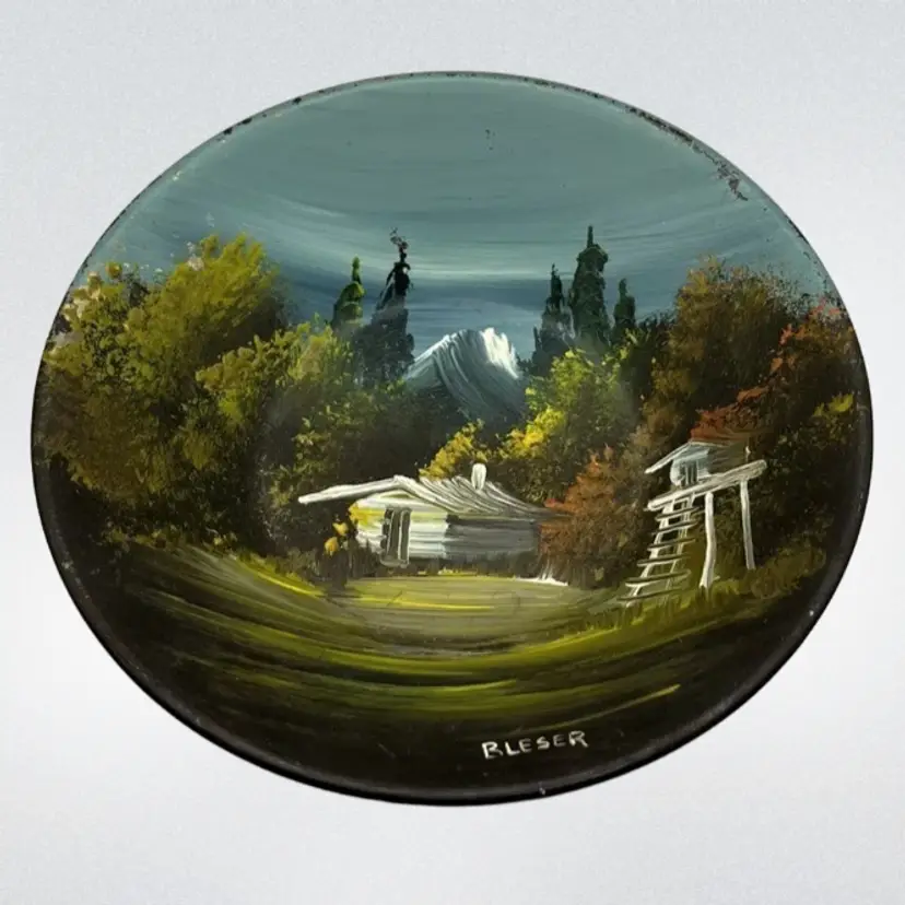 Hand Painted Signed Metal Decorative Gold Panning Bowl Alaska Artist Log Cabin Mountain Scene 7”
