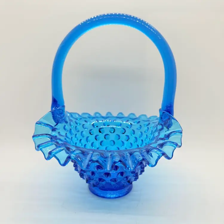 Vintage Fenton 7" Colonial Blue Hobnail Glass Basket Ruffled Edge 1970s