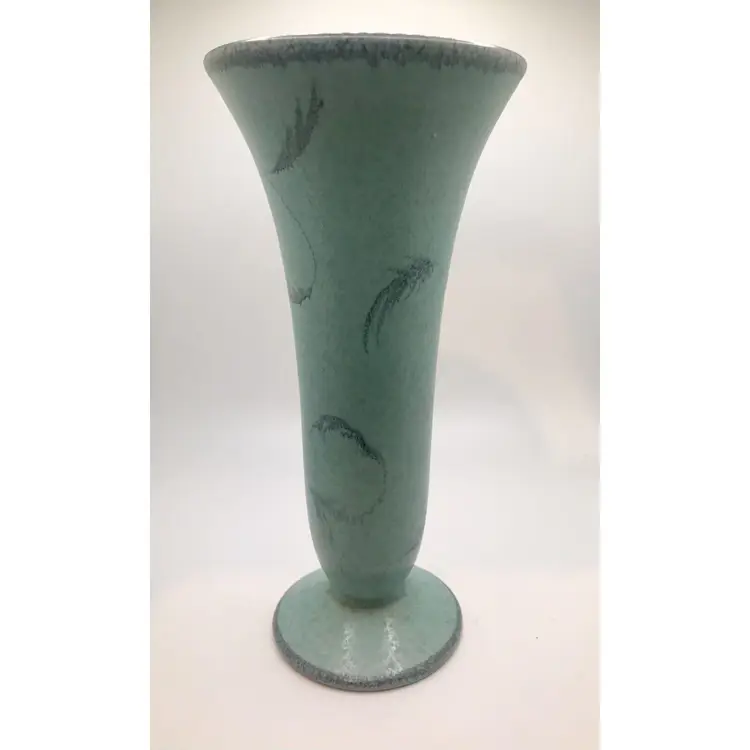 West German Turquoise Pottery Fluted Vase with Filigree Design 8"