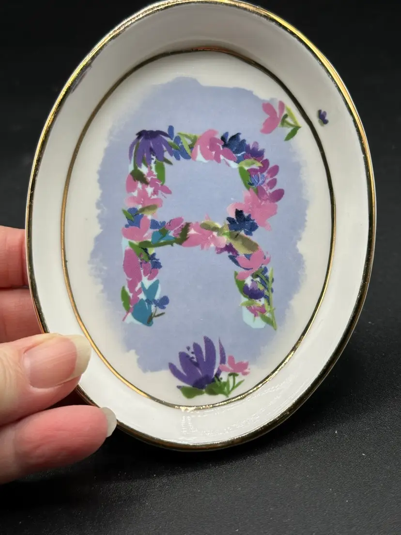 Anthropologie Monogramed Floral Ceramic Trinket Dish Letter “R”