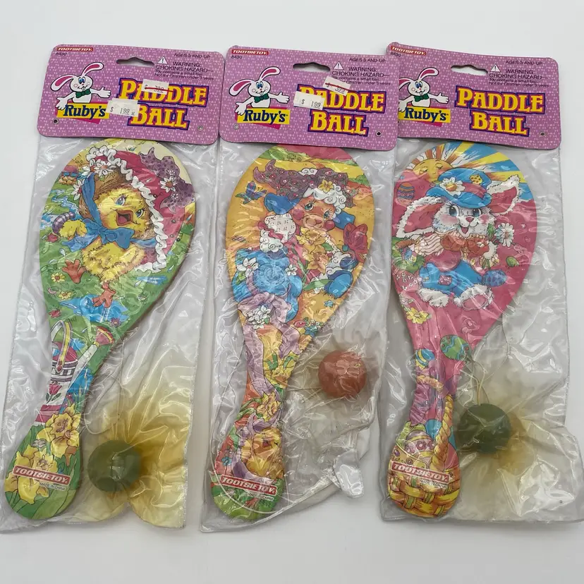TootsieToy Set of 3 Ruby's Paddle Ball Spring Easter Themed Toys - NOS 1996