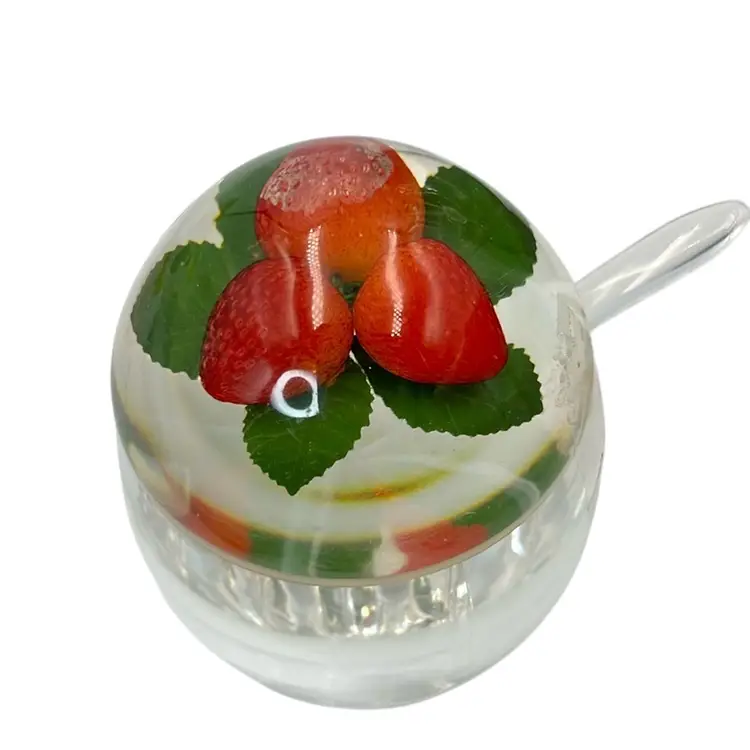 Gorgeous Vintage Lucite Strawberry Jam Jar W Spoon 4.5” x 3.5”