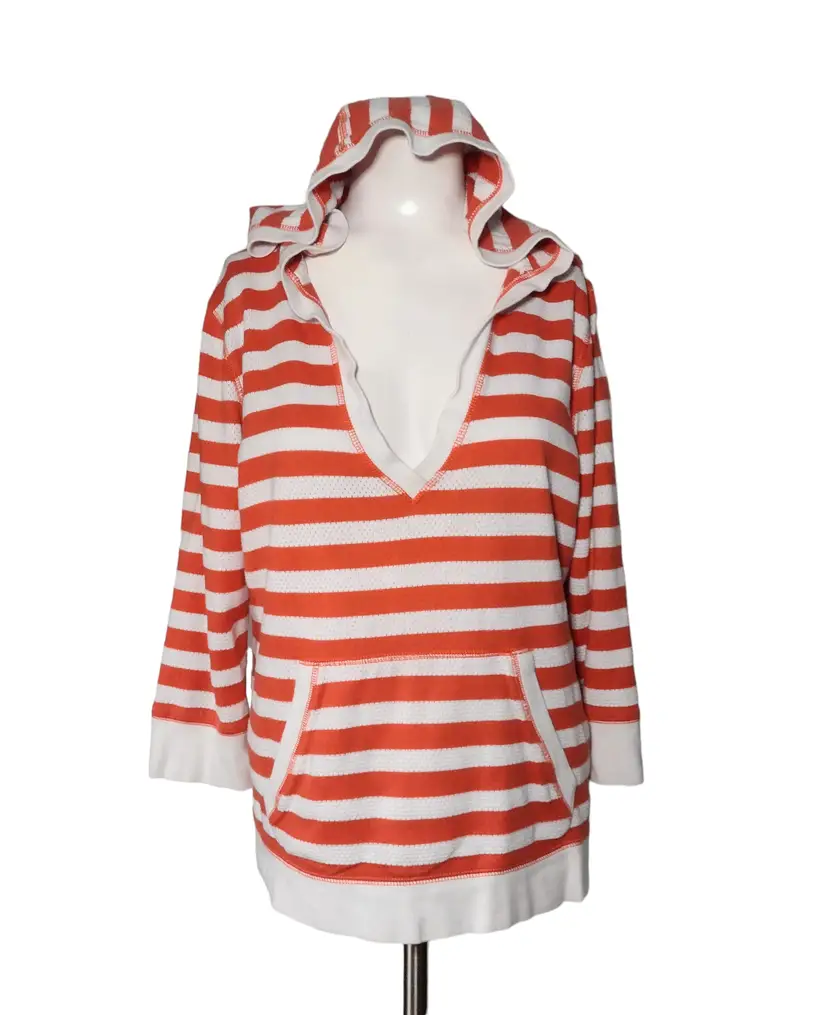 Lauren Ralph Lauren Active Hoodie Knit Top Size L Striped Orange White Pockets