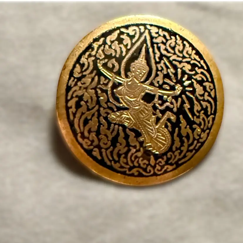 Vintage Siam Goddess Mekkala Engraved Black Enamel Circle Brooch