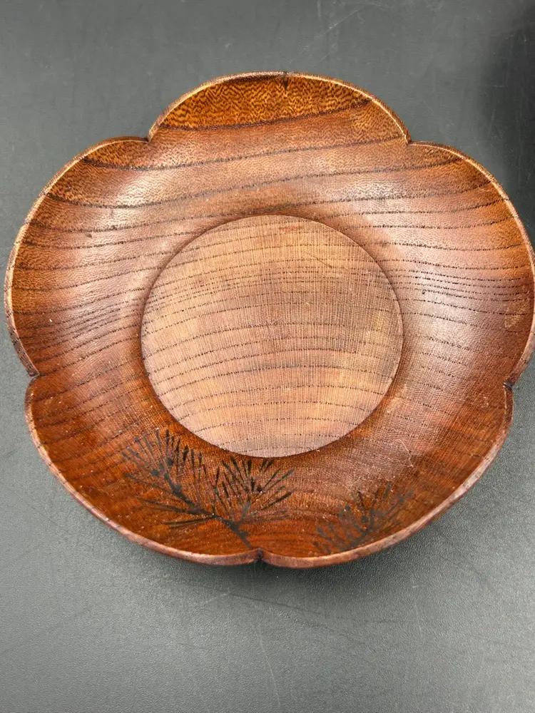 5 Vintage Japanese Chataku Flower Shaped Wood Saucers With Leaf Design