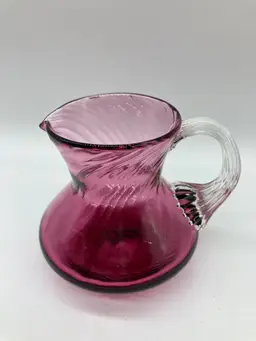 Pilgrim Cranberry Blown Glass Creamer Pitcher Mini Vase Swirl 5 oz Clear Handle