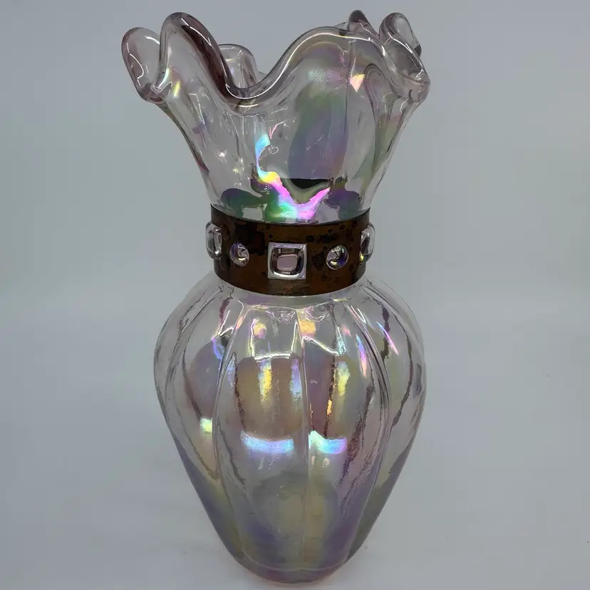 Heavy Ribbed Pattern  Iridescent Ruffled Top Base With Copper Design 9”