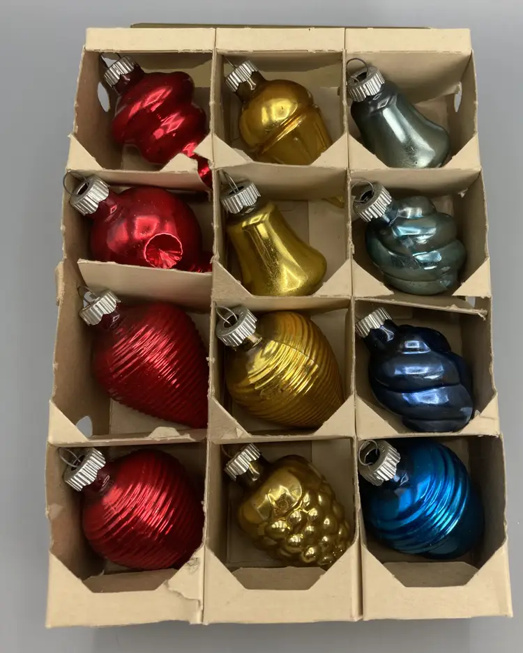 12 Vintage 2.5" Shiny Brite Glass Red, Blue, & Yellow Ornaments in Original Box