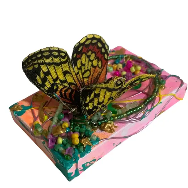 #06 Study 📚 #6 Gorgeous Made By Me Sustainable Art Mounting Of Faux Yellow Butterfly 🦋 On Tiny 2.5” By 3.75” Stretched Canvas Frame UV Reactive Glowy