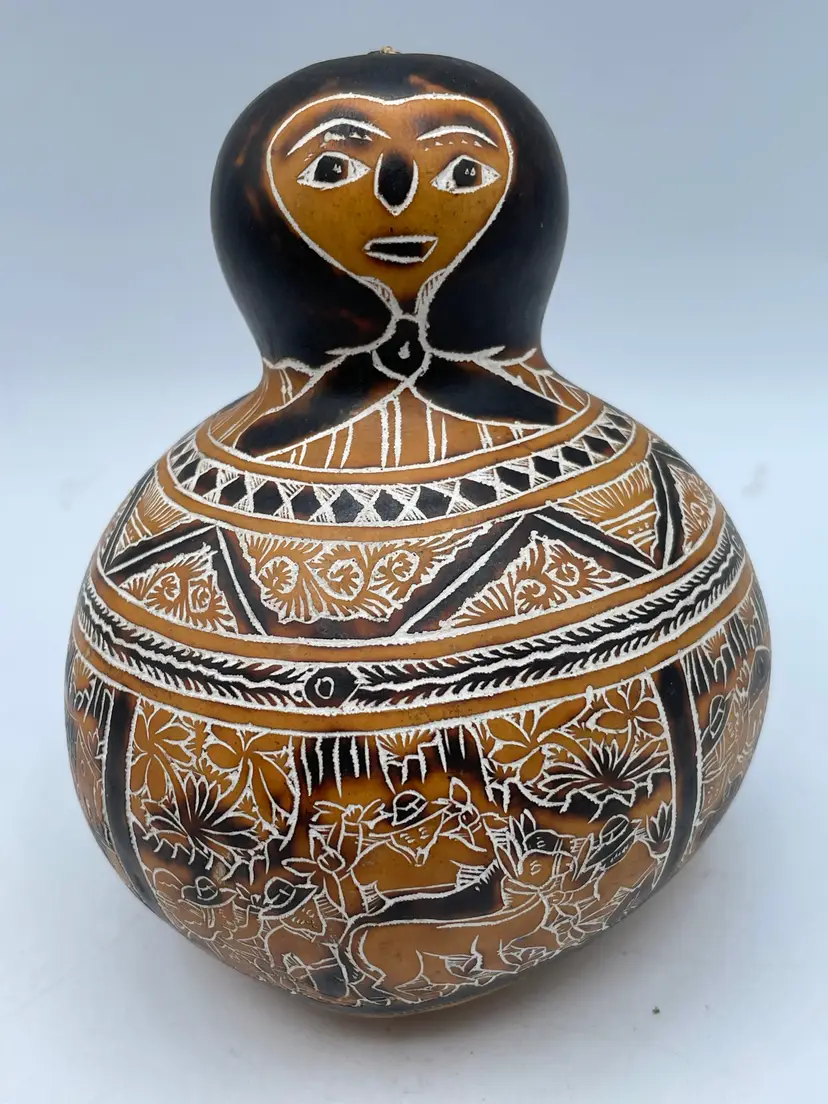 Vintage Peruvian Intricate Hand Carved Storyteller Gourd Farm Scene Female Form. Peru