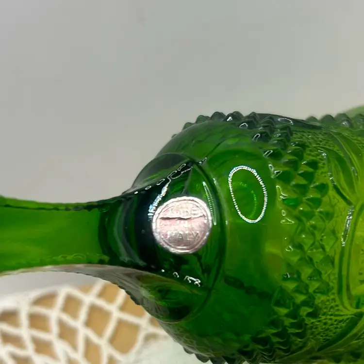 Diamond Point Made In Italy Green Glass Bell 6x 2 3/4. Some Small Defects On Handle