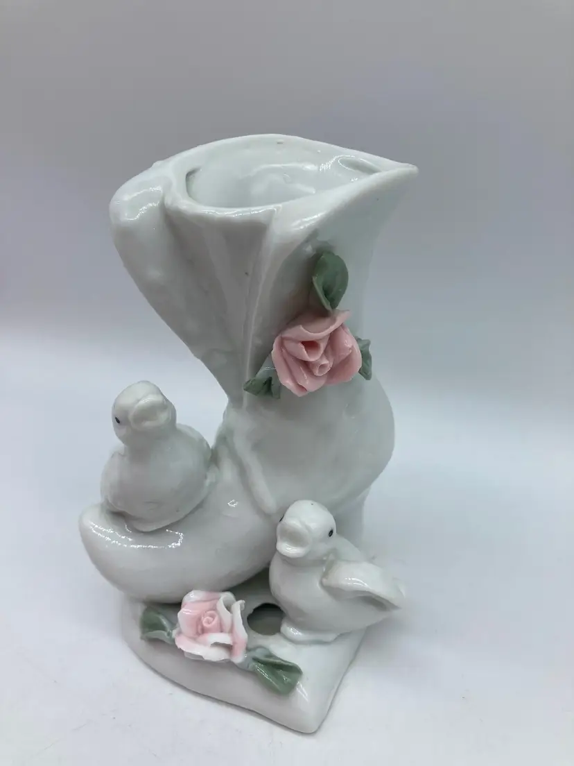 Vintage White Ceramic Boot with 2 Birds with a Heart Base