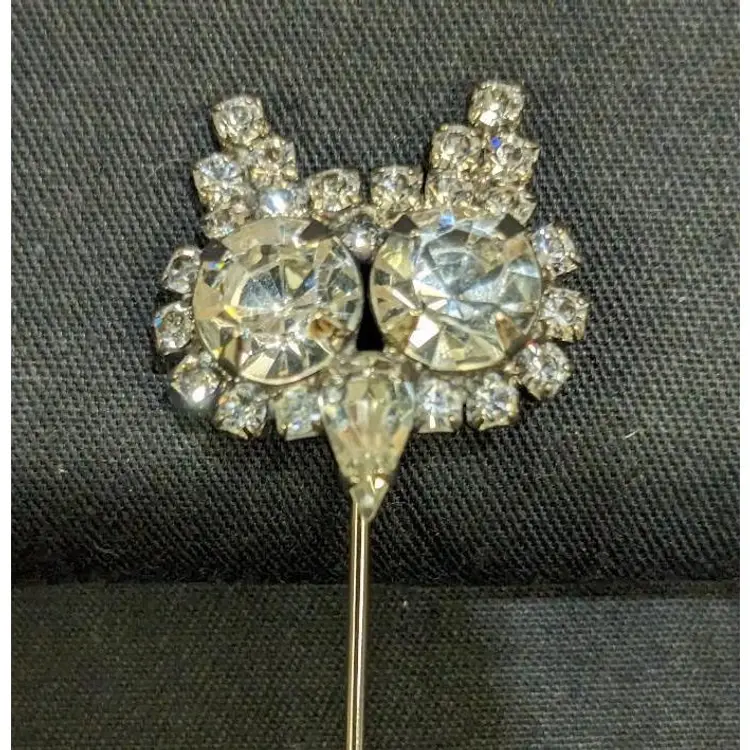 Vintage Rhinestone Owl (Cat?) Lapel Stick Pin