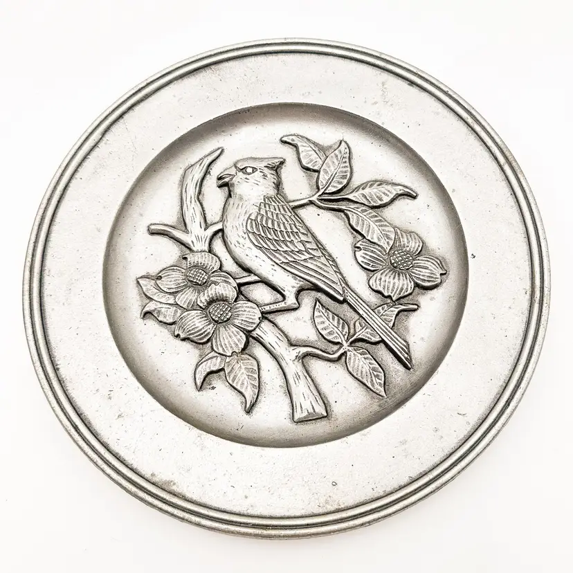 Sexton 1972 Metal Pewter Cardinal Bird Dogwood Floral Decorative Plate Wall Hanging B25