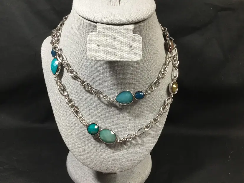 Necklace, CJ Banks, silver tone and aqua acrylic beads