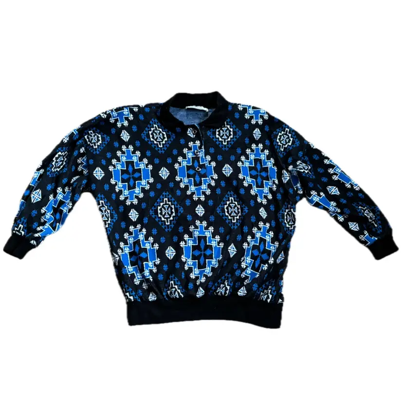 Vintage Black Blue White Geometric Pattern Collared Sweater Fits XL XXL Nordic